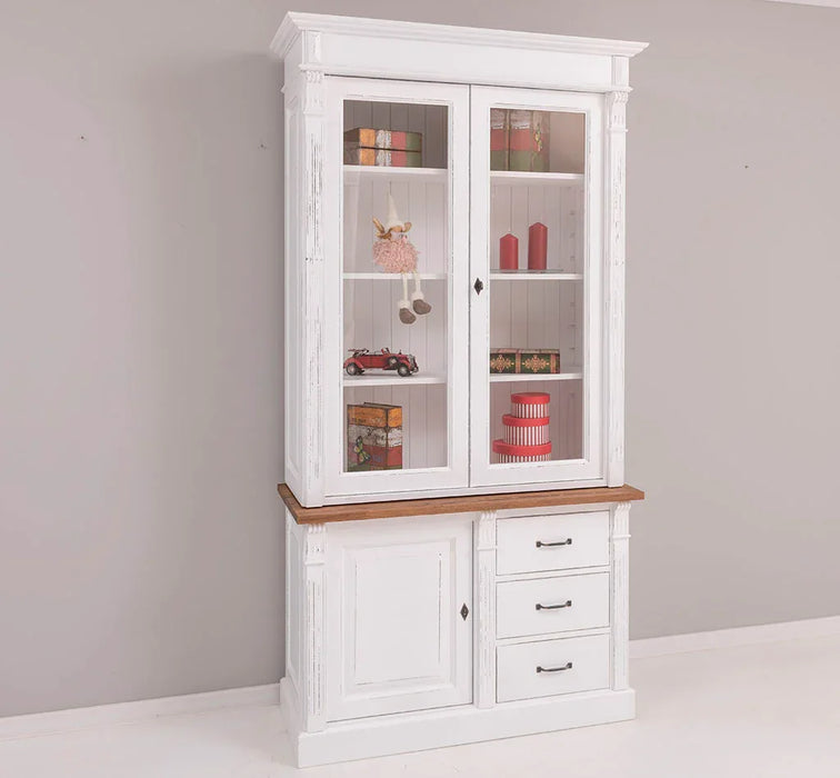 Vintage Vitrine aus Massivholz mit Ornamenten - Deckplatte Eiche