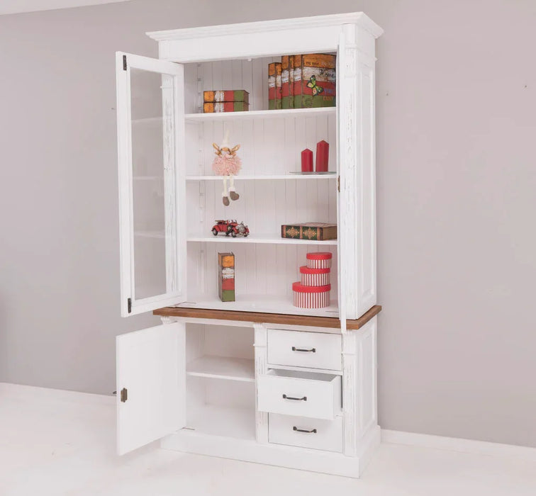 Vintage Vitrine aus Massivholz mit Ornamenten - Deckplatte Eiche