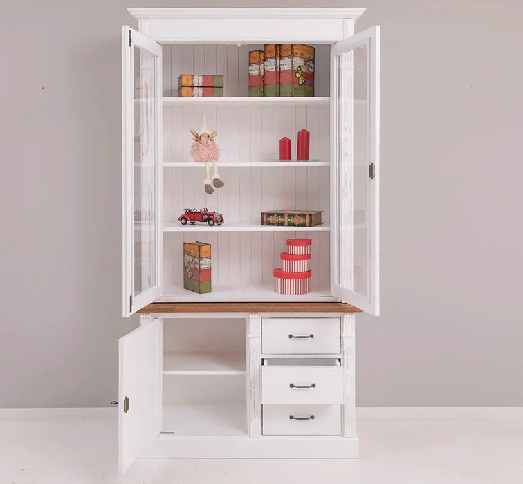 Vintage Vitrine aus Massivholz mit Ornamenten - Deckplatte Eiche