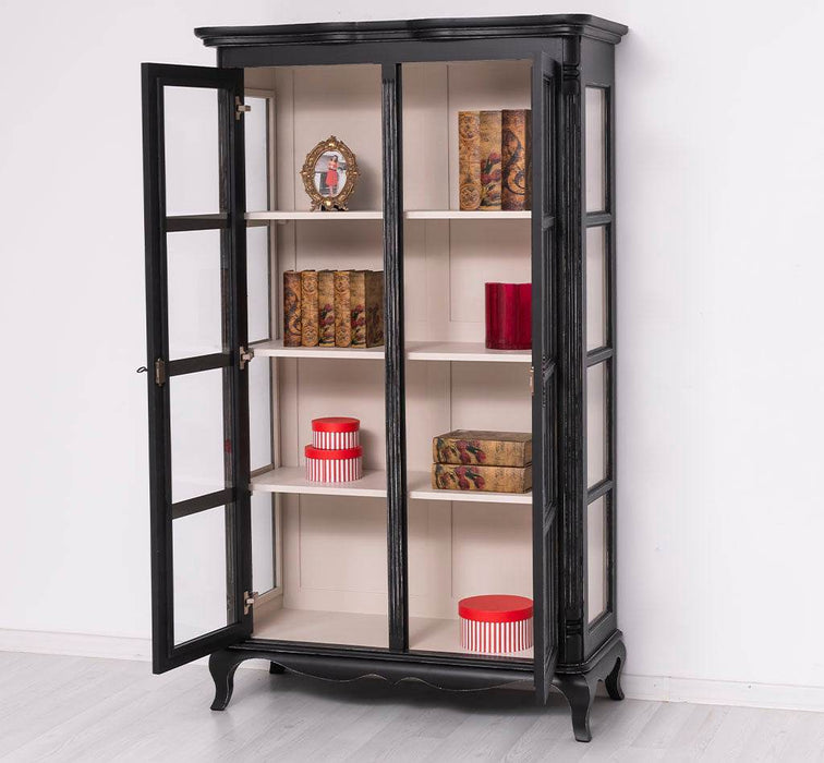 Vintage Vitrinenschrank aus Massivholz mit verglaster Doppeltür | Barock - Schwarz
