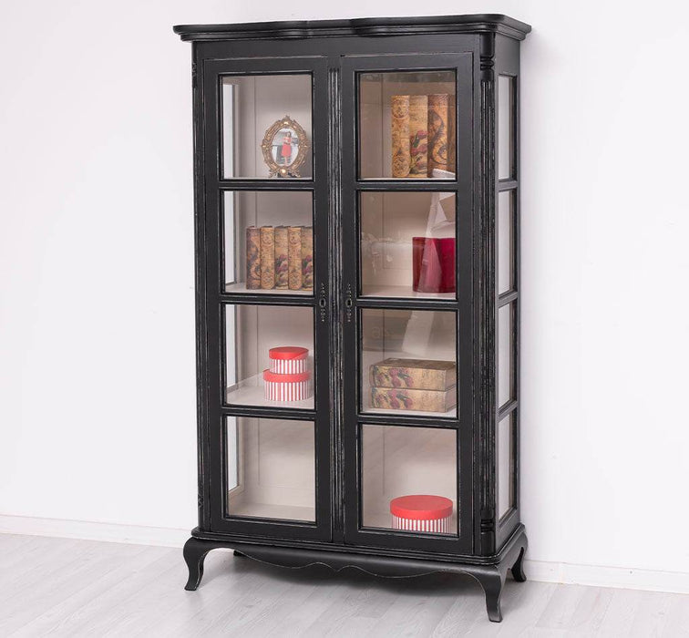 Vintage Vitrinenschrank aus Massivholz mit verglaster Doppeltür | Barock - Schwarz