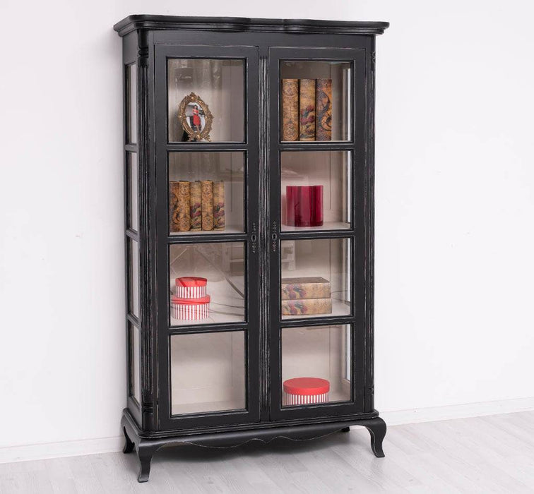 Vintage Vitrinenschrank aus Massivholz mit verglaster Doppeltür | Barock - Schwarz