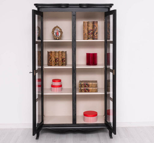 Vintage Vitrinenschrank aus Massivholz mit verglaster Doppeltür | Barock - Schwarz