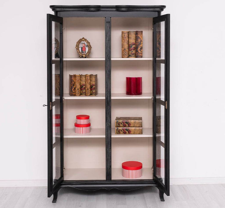 Vintage Vitrinenschrank aus Massivholz mit verglaster Doppeltür | Barock - Schwarz