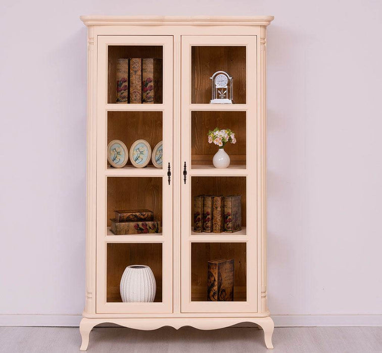 Vintage Vitrinenschrank aus Massivholz mit verglaster Doppeltür | Barock - Creme