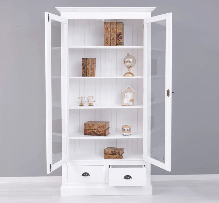 Vitrinenschrank aus Massivholz mit 2 Schubladen & verglasten Schranktüren