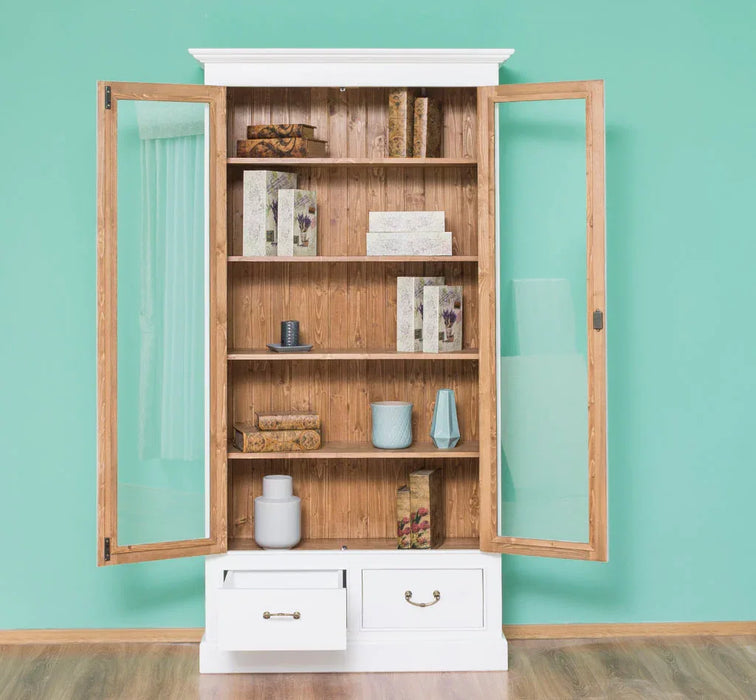 Vitrinenschrank aus Massivholz mit 2 Schubladen & verglasten Schranktüren