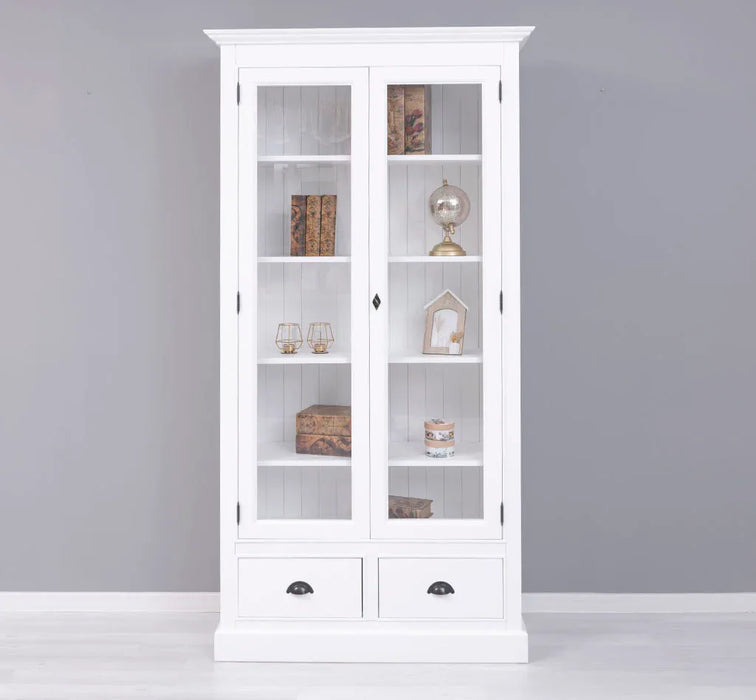 Vitrinenschrank aus Massivholz mit 2 Schubladen & verglasten Schranktüren