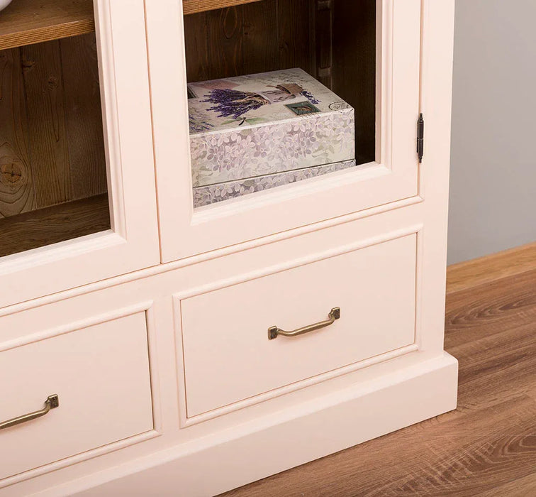 Vitrinenschrank aus Massivholz mit 2 Schubladen & verglasten Schranktüren