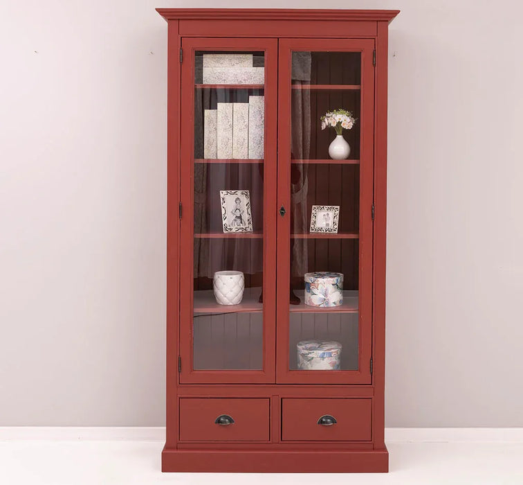 Vitrinenschrank aus Massivholz mit 2 Schubladen & verglasten Schranktüren