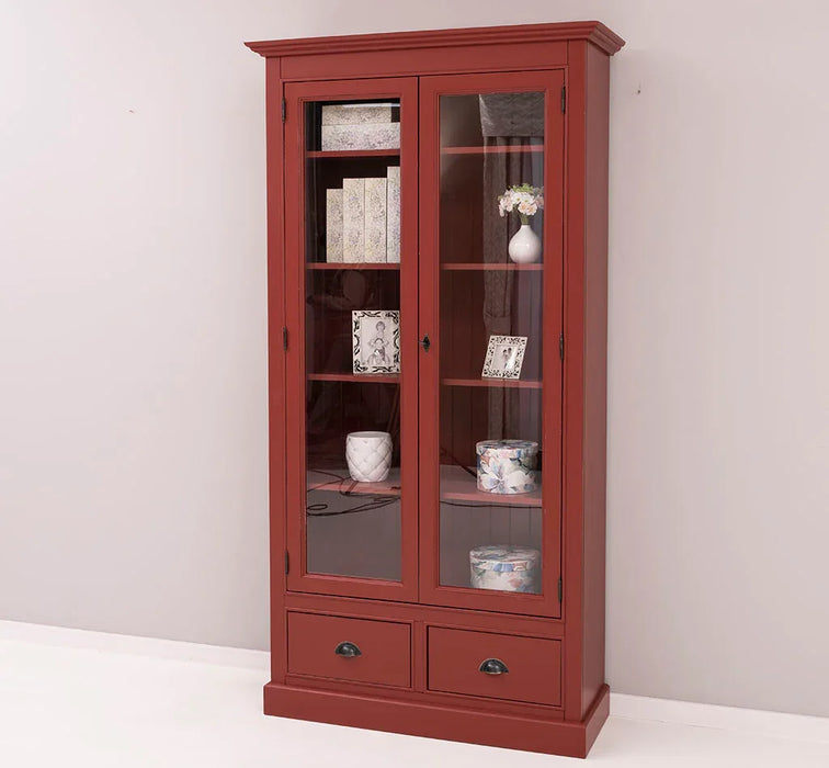 Vitrinenschrank aus Massivholz mit 2 Schubladen & verglasten Schranktüren