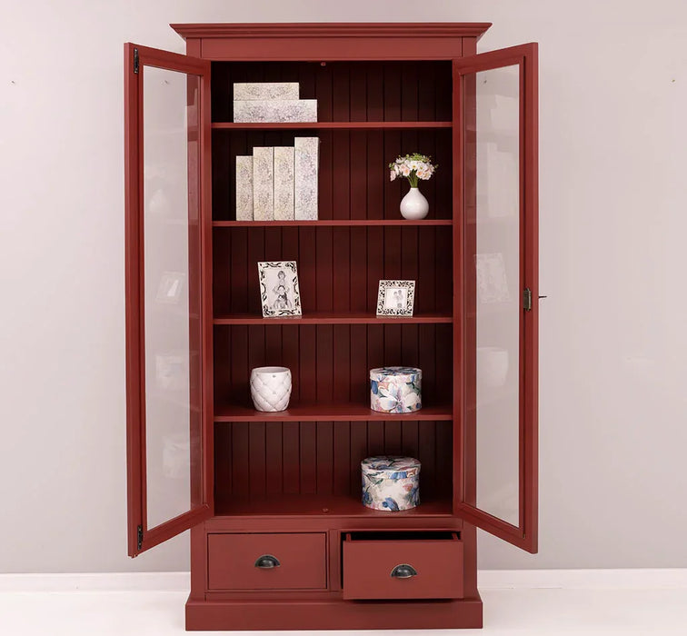 Vitrinenschrank aus Massivholz mit 2 Schubladen & verglasten Schranktüren