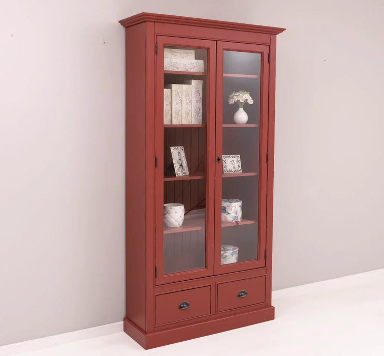 Vitrinenschrank aus Massivholz mit 2 Schubladen & verglasten Schranktüren