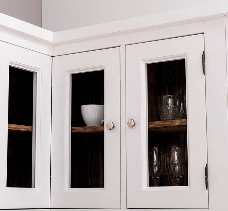 Winkelküche | Eck- Küchenzeile aus Massivholz in Weiß mit gebürsteter Eichenplatte zwei Hängeschränken Doppel-Spülbecken Backofenschrank Vorratsschrank Eckrondell -