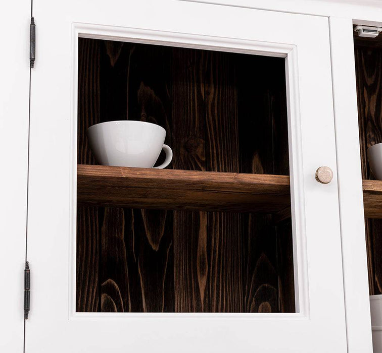 Winkelküche | Eck- Küchenzeile aus Massivholz in Weiß mit gebürsteter Eichenplatte zwei Hängeschränken Doppel-Spülbecken Backofenschrank Vorratsschrank Eckrondell -