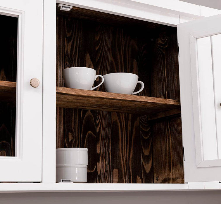 Winkelküche | Eck- Küchenzeile aus Massivholz in Weiß mit gebürsteter Eichenplatte zwei Hängeschränken Doppel-Spülbecken Backofenschrank Vorratsschrank Eckrondell -