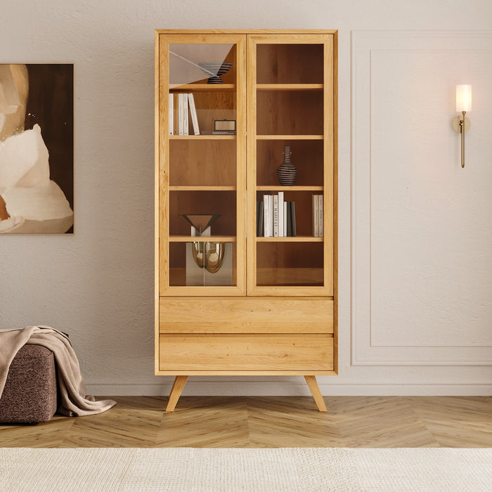 Große Standvitrine Quatro aus massiver Wildeiche mit zwei Schubladen