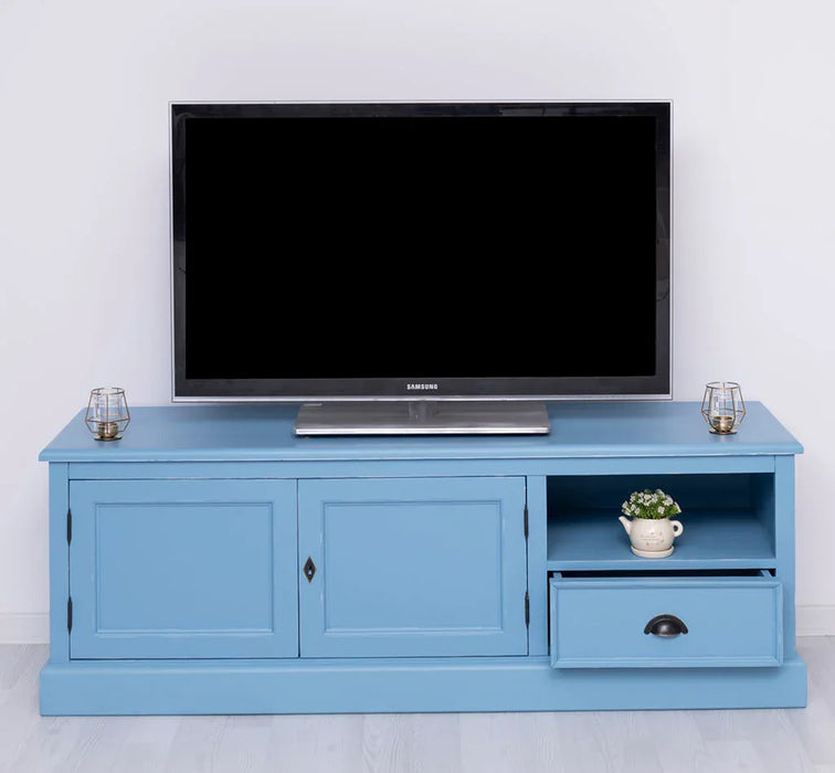 Zweitüriges TV-Board aus Massivholz mit Schublade