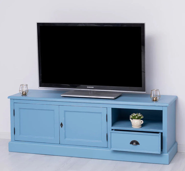 Zweitüriges TV-Board aus Massivholz mit Schublade