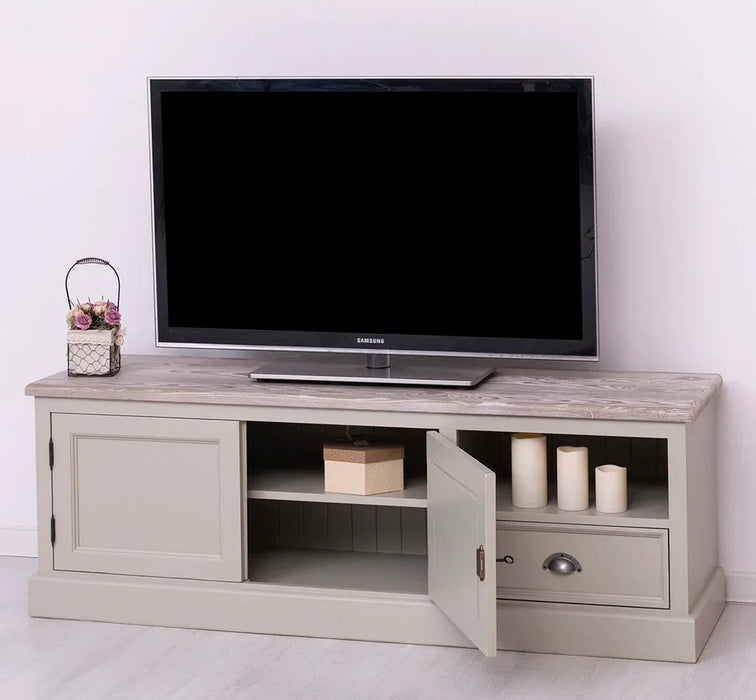 Zweitüriges TV-Board aus Massivholz mit Schublade