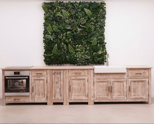 Küchenzeile aus Massivholz Pinie gebürstet mit Backofenschrank Ausziehschrank Vorratsschrank und Doppelspülbecken | Massivholzküche - 