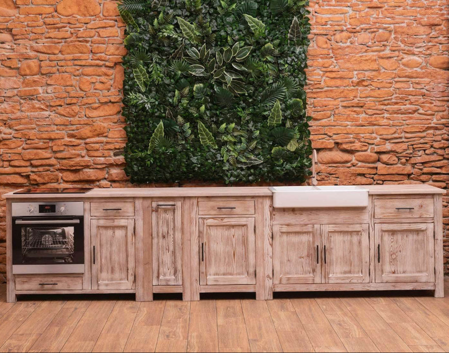 Küchenzeile aus Massivholz Pinie gebürstet mit Backofenschrank Ausziehschrank Vorratsschrank und Doppelspülbecken | Massivholzküche - 