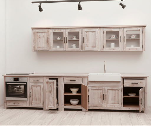 Küchenzeile aus Massivholz Pinie gebürstet Backofenschrank Vorratsschrank Ausziehschrank Spülbecken und großem Hängeschrank | Massivholzküche - 