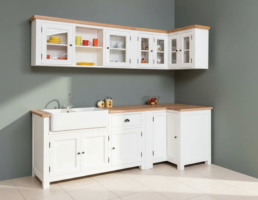Winkelküche | Eck- Küchenzeile aus Massivholz Weiß mit Eichenplatte Besteck- und Geschirrschrank Doppel- Spülbecken und Hängeschränken - Eichenplatte