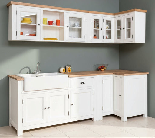 Winkelküche | Eck- Küchenzeile aus Massivholz Weiß mit Eichenplatte Besteck- und Geschirrschrank Doppel- Spülbecken und Hängeschränken - Eichenplatte