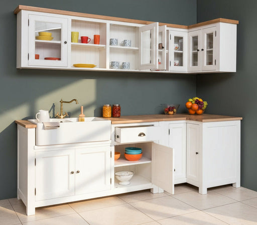 Winkelküche | Eck- Küchenzeile aus Massivholz Weiß mit Eichenplatte Besteck- und Geschirrschrank Doppel- Spülbecken und Hängeschränken - Eichenplatte