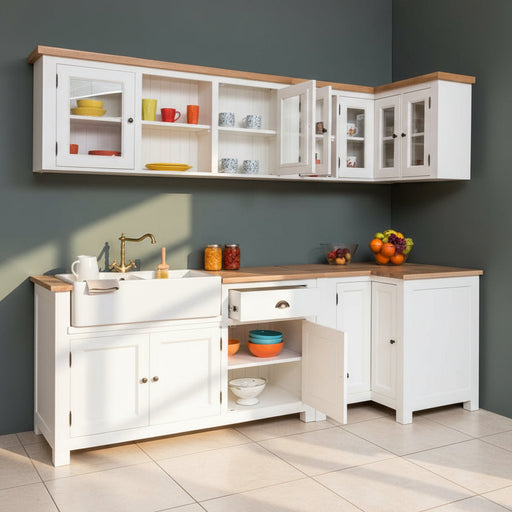 Winkelküche | Eck- Küchenzeile aus Massivholz Weiß mit Eichenplatte Besteck- und Geschirrschrank Doppel- Spülbecken und Hängeschränken - Eichenplatte