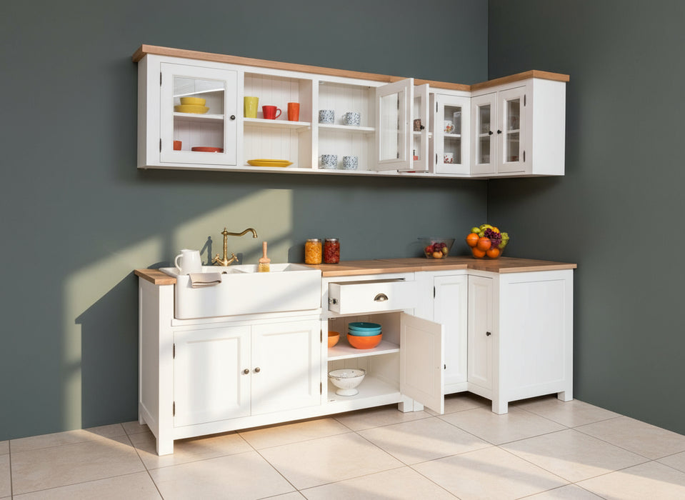 Winkelküche | Eck- Küchenzeile aus Massivholz Weiß mit Eichenplatte Besteck- und Geschirrschrank Doppel- Spülbecken und Hängeschränken - Eichenplatte