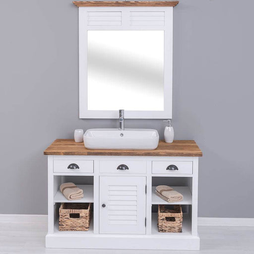 Bad-Set - Waschbeckenunterschrank aus Massivholz mit Spiegel - Weiß - geflammt und gebürstet