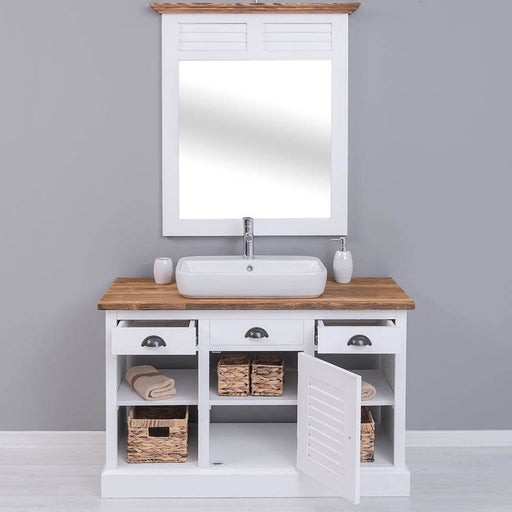 Bad-Set - Waschbeckenunterschrank aus Massivholz mit Spiegel - Blaugau - gebürstet