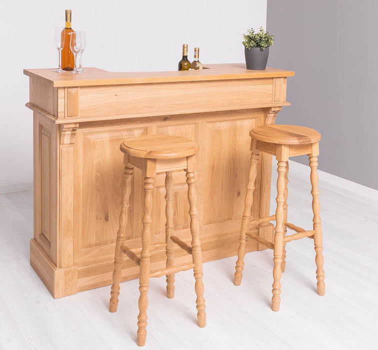 Bar-Set aus massiver Eiche | Empfangstheke aus Massivholz mit zwei Hockern - 140