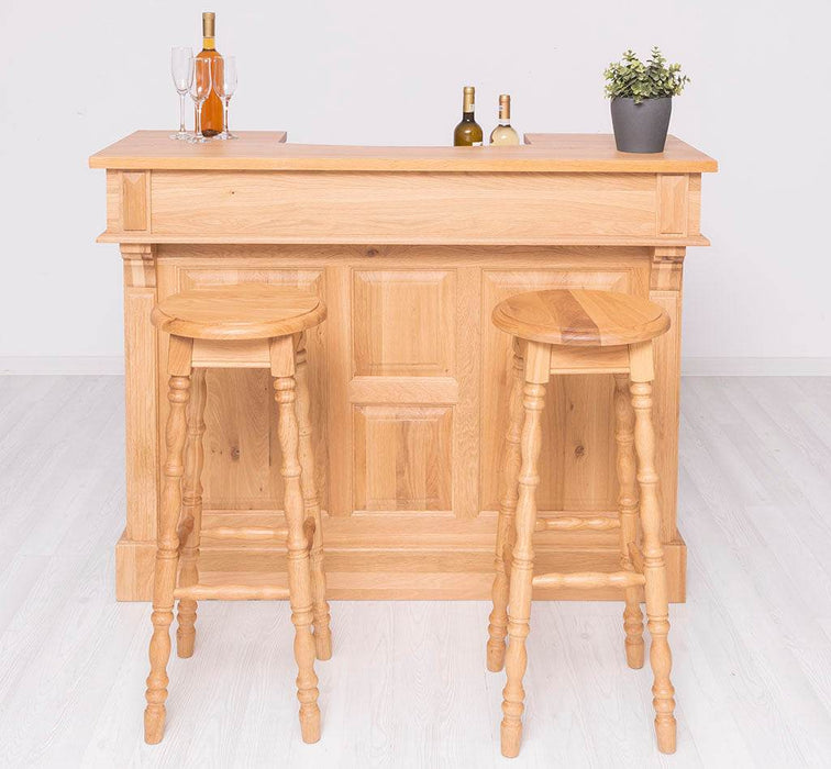 Bar-Set aus massiver Eiche | Empfangstheke aus Massivholz mit zwei Hockern - 140