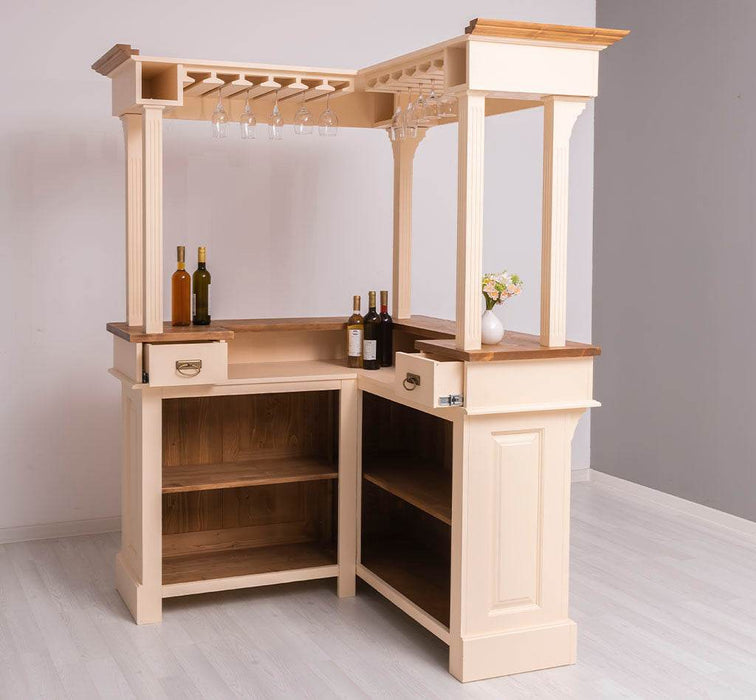 Bartresen | Empfangstheke in L-Form aus Massivholz mit Galerieaufbau - Apricot