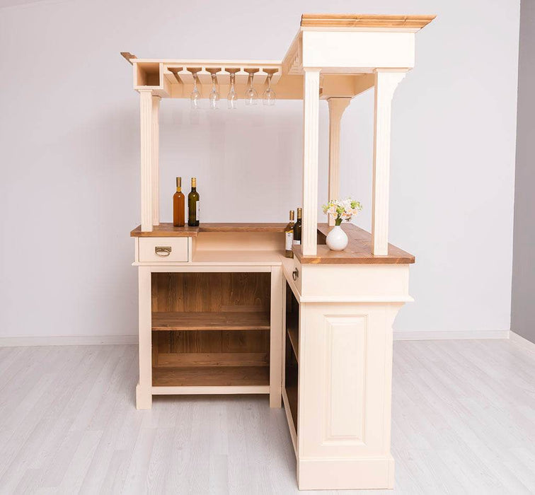 Bartresen | Empfangstheke in L-Form aus Massivholz mit Galerieaufbau - Apricot