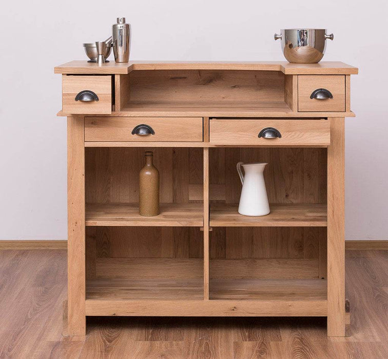 Bar-Set aus massiver Eiche | Empfangstheke aus Massivholz mit zwei Hockern - 140