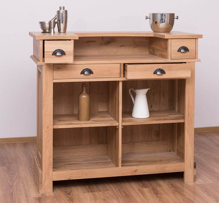 Bar-Set aus massiver Eiche | Empfangstheke aus Massivholz mit zwei Hockern - 140