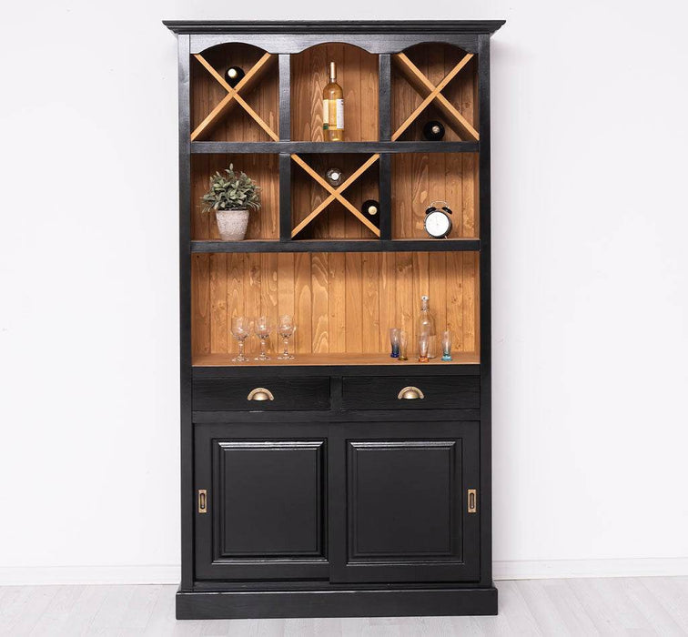 Buffet- und Weinschrank aus Massivholz mit Flaschenablagen - Schwarz