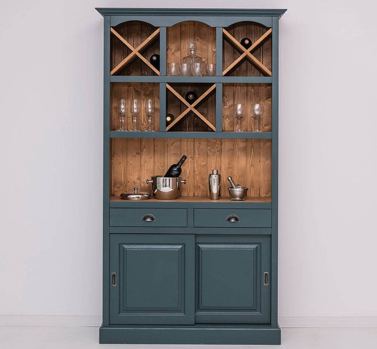Buffet- und Weinschrank aus Massivholz mit Flaschenablagen - Petrol