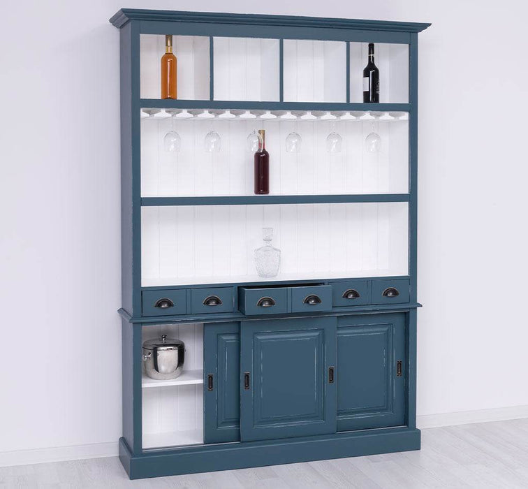 Großer Buffetschrank aus Massivholz mit Glashalterungen in verschiedenen Farben - Blau
