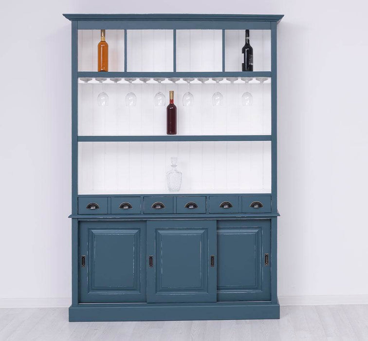Großer Buffetschrank aus Massivholz mit Glashalterungen in verschiedenen Farben - Blau-Weiß