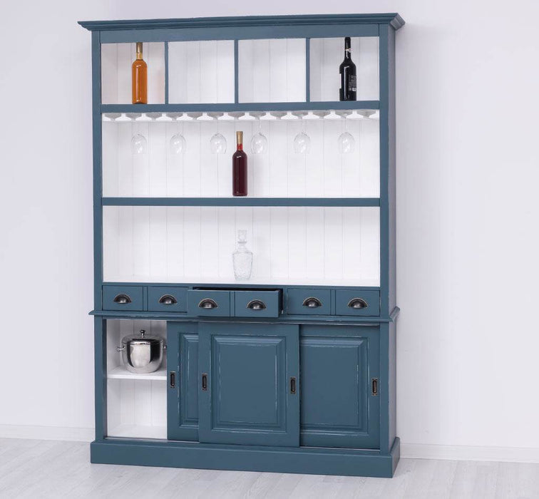 Großer Buffetschrank aus Massivholz mit Glashalterungen in verschiedenen Farben - Blau