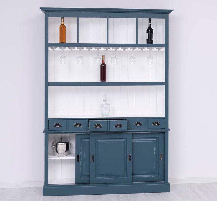 Großer Buffetschrank aus Massivholz mit Glashalterungen in verschiedenen Farben - Blau
