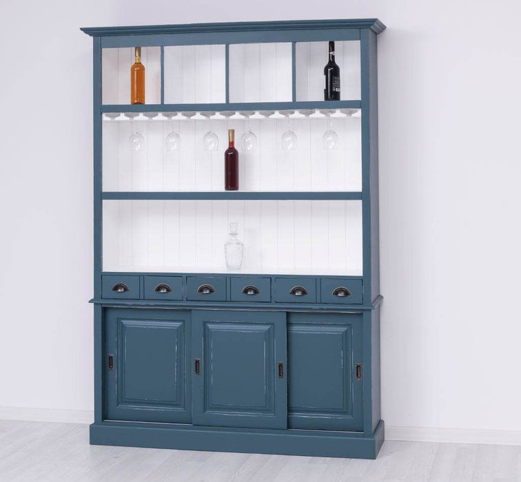 Großer Buffetschrank aus Massivholz mit Glashalterungen in verschiedenen Farben - Blau