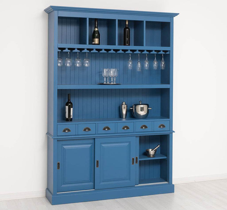 Großer Buffetschrank aus Massivholz mit Glashalterungen in verschiedenen Farben - Blau