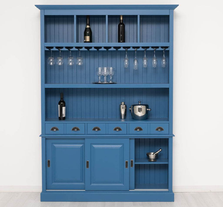 Großer Buffetschrank aus Massivholz mit Glashalterungen in verschiedenen Farben - Blau