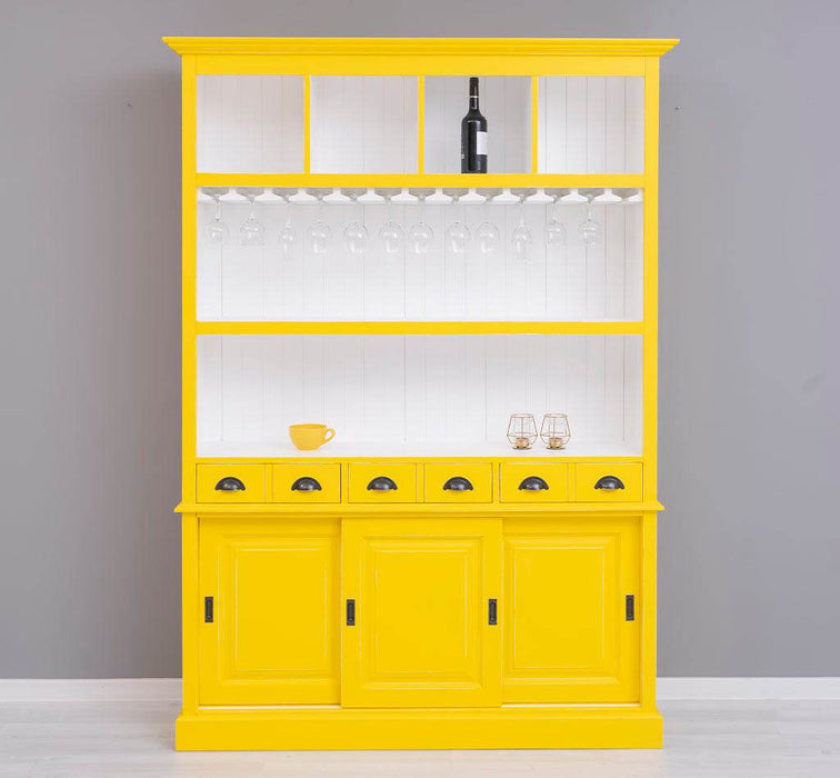 Großer Buffetschrank aus Massivholz mit Glashalterungen in verschiedenen Farben - Gelb-Weiß
